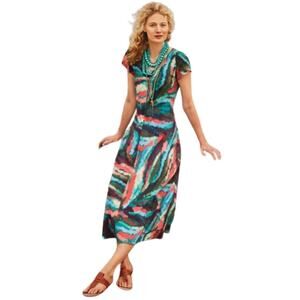 Soft Surroundings Dress Womens XS Zina Watercolor Maxi‎ Short Sleeve Boho Artsy